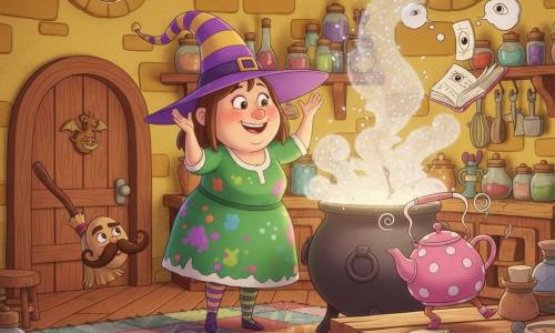An adult witch named Wanda (about 40) with a round smiling face and mischievous eyes wears a large twisted purple-and-yellow striped hat, mismatched socks and a green potion-stained dress; surprised and amused with hands raised as her cauldron sneezes glittery smoke, a broom with an elegant mustache flies playfully nearby, a pink polka-dot teapot tap-dances on the table with musical spiral steam, a friendly open book with floating pages and drawn eyes hovers offering advice, and the cozy chaotic kitchen—yellow stone walls, round windows, a wooden door with a dragon figurine, shelves of colorful jars and a patchwork rug—shows a funny magical moment with sparkling smoke, soft lighting and bold cartoon textures.