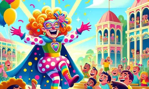 Super Chistosa, una mujer superhéroe alegre con una capa de colores y lunares y cabello rizado, ríe mientras baila entre una multitud de niños asombrados. Su rostro irradia felicidad y picardía, haciendo gestos divertidos para entretener a todos. A su lado, el Gran Chistólogo, un hombre alto y delgado con un enorme bigote de colores, aplaude con entusiasmo mientras ríe. Lleva un traje llamativo y está listo para unirse a Super Chistosa en sus bromas. La escena tiene lugar en una plaza animada de Sonrisaville, llena de colores vivos, globos flotantes y risas infantiles, con bancos de madera rodeados de flores brillantes y una fuente en el centro que proyecta gotas de agua brillantes bajo el sol. La situación principal muestra a Super Chistosa y el Gran Chistólogo lanzando un concurso de muecas hilarantes, mientras los niños ríen y se divierten, creando un ambiente alegre y festivo.