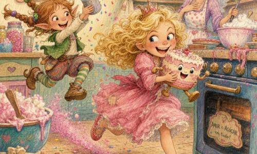 A princesa Carlota (menina) sorri maliciosamente, olhos risonhos, cabelo loiro encaracolado, vestido rosa amarrotado e sapatinhos cor-de-rosa cheios de açúcar, corre segurando um bolo que se mexe; a elfa Pipoca (menina, cerca de 8 anos) com tranças e elásticos coloridos, colete verde, pula atrás da princesa atirando confete; a fada Rosarosa (mulher adulta) de cabelo cor de marshmallow e avental de bolinhas observa aliviada do balcão segurando uma espátula; o bolo fugitivo tem patinhas de biscoito e rosto alegre, agita-se deixando um rastro de açúcar rosa; a cozinha da fada é viva e bagunçada: grandes potes de vidro com glitter, tigelas de chantilly transbordando, prateleiras de madeira pintada, cortina de cupcakes e respingos de cor no balcão; a cena principal mostra uma perseguição cômica e acolhedora ao redor de um grande forno, estalos de cor, migalhas e nuvens de açúcar, atmosfera alegre e dinâmica; estilo suave, traços a lápis de cor, paleta pastel vívida, texturas de papel visíveis e hachuras delicadas.