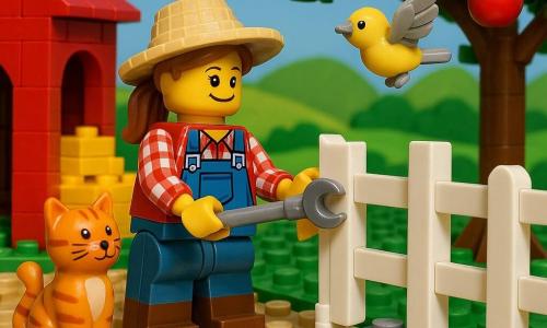 An adult female farmer, smiling and focused, with light brown hair in a ponytail, wearing blue denim overalls, a red-and-white plaid shirt, brown rubber boots and a straw hat, tightens a hinge on a white wooden gate with a wrench while a curious relaxed orange tabby cat named Whiskers sits on a stone nearby and a small yellow-and-gray bird flutters above a blossoming apple tree; the sunny farmyard features a light dirt path, a large red barn with an open door to the left, stacked hay bales, rolling green hills and a blue sky with fluffy clouds, conveying a peaceful, colorful morning as she secures the gate.