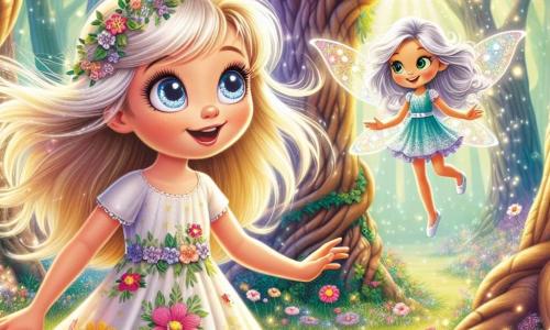 Lila, uma menina de 8 anos com olhos brilhantes como estrelas e cabelos dourados ao vento, está no meio de um bosque encantado, seu rosto radiante de maravilha e curiosidade. Ela veste um vestido leve adornado com flores coloridas e observa fascinada uma pequena fada com asas cintilantes, vestida de azul, que voa ao seu redor sorrindo. A fada, com cerca de 10 anos, tem cabelos prateados e olhos brilhantes, parecendo alegre ao mostrar a Lila o caminho a seguir. O bosque está repleto de grandes árvores com troncos tortuosos, suas folhas brilhando sob a luz do sol, e flores multicoloridas cobrem o chão, criando um tapete mágico. Nessa cena, Lila descobre o mundo das fadas, pronta para viver uma aventura extraordinária, enquanto a fada a convida a explorar este lugar encantador.