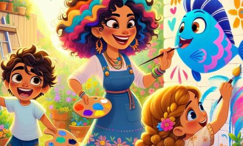 Clara, uma mulher alegre com cabelos cacheados e coloridos, está no centro da imagem, sorridente e cheia de energia, segurando um pincel em uma mão e uma paleta de cores vibrantes na outra. Seu rosto irradia felicidade enquanto ela guia as crianças em sua aventura artística. À sua esquerda, Miguel, um menino de 6 anos com cabelos castanhos bagunçados, pinta um grande peixe azul na parede, seus olhos brilhando de excitação. À sua direita, Ana, uma menina de 7 anos com tranças douradas, aplica delicadamente tinta rosa, concentrada e cheia de entusiasmo. O local é um jardim ensolarado, repleto de flores coloridas e verdejantes, com uma grande parede branca servindo de tela para seu mural. Raios de sol filtram-se pelas folhas das árvores, criando uma atmosfera calorosa e mágica. A cena principal mostra Clara e as crianças pintando juntas, rindo e se divertindo, enquanto o mural ganha vida com cores vivas e desenhos alegres, simbolizando sua criatividade e amizade.