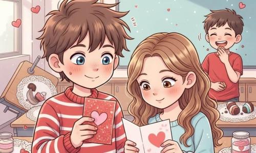 A joyful, slightly embarrassed 10-year-old boy with a flushed face, tousled brown hair, bright blue eyes, and a red-and-white striped sweater offers a red glittery Valentine's card to a roughly 9-year-old girl with long light-brown curls and a surprised sweet smile as glitter falls; he has pink frosting on his fingers. A boyish friend about 10 laughs in the background, wiping cookie crumbs near an overturned table. The classroom is decorated for Valentine's with red and pink heart garlands, patterned doilies, a table of cupcakes and spilled frosting jars, soft warm light. Main scene: a touching, slightly comic moment at a school party with flying glitter, frosting splashes, and children's laughter. Childlike manga style, bright colors, rounded lines, exaggerated expressions, composition centered on the two children with an animated but readable background.