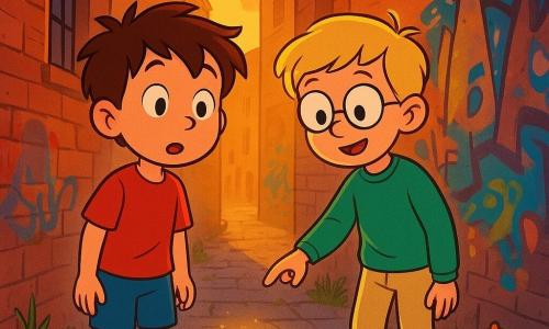 Er zijn 2 hoofdpersonen: - Max: een 8-jarig jongen met rommelig bruin haar, gekleed in een rode t-shirt en een blauwe short. Hij kijkt verwonderd naar de scène voor hem, staande aan de linkerkant van de afbeelding. - Daan: een 8-jarig jongen met blond haar en ronde bril, gekleed in een groene trui en beige broek. Hij staat naast Max en wijst naar een glanzend voorwerp op de grond. De situatie speelt zich af in een smalle steeg in de stad, omringd door oude rode bakstenen gebouwen met kleurrijke graffiti op de muren. Wilde bloemen groeien tussen de stenen, en een gouden licht van de ondergang verlicht de scène, wat een magische sfeer creëert. De hoofdactie toont Max en Daan die een klein glanzend voorwerp op de grond ontdekken, dat een zachte en mysterieuze gloed uitstraalt. Ze zijn gefascineerd door dit object, terwijl een magische gloed begint uit te stralen van een nabijgelegen muur, wat suggereert dat er een ongelooflijk avontuur op hen wacht.