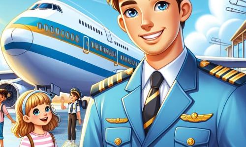 Ein lächelnder und enthusiastischer Mann, Kapitän Max, trägt eine blaue Pilotenuniform mit goldenen Schulterklappen. Er hat leicht gewellte braune Haare und strahlende Augen. Er steht vor einem großen Flugzeug, einer Boeing 747, mit offenen Armen, bereit, die Passagiere willkommen zu heißen. Neben ihm steht Lisa, eine 30-jährige Frau mit zu einem Dutt gebundenen blonden Haaren, die ebenfalls eine Pilotenuniform trägt. Sie lächelt und schaut auf ein Flugblatt, während sie Max bewundernd beobachtet. Die Szenerie spielt auf dem sonnigen Rollfeld eines Flughafens, mit Flugzeugen im Hintergrund und weißen Wolken am strahlend blauen Himmel. Ungeduldige Passagiere gehen auf das Flugzeug zu, während Gepäck auf einen Wagen geladen wird. Die Hauptsituation zeigt Max und Lisa, die sich auf einen Flug vorbereiten, umgeben von einer Atmosphäre der Aufregung und des Abenteuers, während neugierige Kinder sie mit staunenden Augen beobachten und davon träumen, eines Tages selbst zu fliegen.