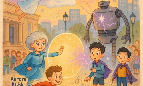 Kobieta — Aurora Błysk, zdecydowana i życzliwa, z kręconymi srebrnymi włosami i elektrycznie niebieskimi oczami, w błyszczącej niebiesko-srebrnej sukni, tworzy przed sobą duży świetlny okrągły tarcz chroniący przechodniów; chłopiec ok. 14 lat — Filip Zwrotny, żywy i figlarny, krótkie brązowe włosy, czerwono-żółty aerodynamiczny strój, biegnie wokół robota zostawiając rozmyte smugi prędkości; dziewczyna ok. 13 lat — Lena Chmurka, spokojna i uśmiechnięta, długie blond włosy, lekka sukienka w kolorze chmur, unosi się kilka metrów nad ziemią i wydmuchuje łagodną białą mgiełkę obejmującą część sceny; chłopiec ok. 11 lat — Elektro-Kid, zaskoczony i nieco zawstydzony, czarne włosy pod małą fioletową peleryną, trzyma pilot obok wyłączonego robota i stoi nieco z boku; robot trzy metry wzrostu, głowa w kształcie żarówki, oplecione kablami ramiona i paskowane metalowe płyty, iskrzy fioletowymi błyskami; miejsce — przed dużym kamiennym budynkiem miejskim ze schodami i przeszklonymi drzwiami na brukowanym placu, latarnie w stylu retro, w tle szklane budynki i tłum dorosłych i dzieci bijących brawo; główna sytuacja — pokojowa, kolorowa konfrontacja: bohaterka tworzy świetlny pancerz przeciw fioletowym wyładowaniom robota, przyjaciel okrąża zagrożenie, dziewczyna tworzy kojącą mgłę, młody wynalazca upuszcza pilot, wszystko pod wieczornym niebem w złoto-fioletowych refleksach.