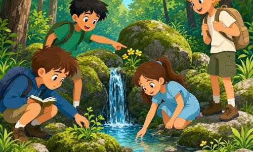 Hay cuatro personajes: Jaime (niño de 9 años) de pelo castaño corto, agachado a la izquierda junto a la fuente con un cuaderno abierto, tocando con curiosidad una planta; Pablo (niño de 9 años) de pelo negro alborotado, con camiseta verde, de pie detrás de Jaime señalando una flor amarilla; Lucía (niña de 8 años) de pelo castaño largo recogido en coleta, con vestido azul claro, arrodillada en el centro tocando el agua; Mateo (niño de 10 años) de pelo rubio, con gorra roja y mochila caqui, sobre una piedra a la derecha sonriendo y observando la cascada. Lugar: una pequeña claro soleada en un parque natural, con hierba verde, musgo en las piedras, un arroyo de agua clara y una mini‑cascade, arbustos y árboles altos al fondo. Situación: los cuatro niños descubren la fuente del arroyo y una planta especial junto a la cascada; escena calmada y luminosa con agua que refleja el cielo, pétalos amarillos y hojas brillantes, expresiones de asombro; estilo flat design infantil, colores suaves, contrastes nítidos y contornos limpios.