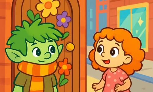 Un pequeño troll llamado Tolo, con ojos brillantes y una sonrisa curiosa, está frente a una puerta de madera adornada con flores coloridas. Tolo tiene el cabello verde suave como la hierba y lleva una gran bufanda a rayas que cubre parcialmente su rostro. A su lado, una niña de aproximadamente 7 años, con cabello rizado y un vestido rosa con lunares, mira la puerta con asombro, sus ojos brillando de emoción. El lugar es una calle animada de la ciudad, con grandes edificios de ladrillo rojo y vitrinas brillantes. La escena principal muestra a Tolo y a la niña, intrigados, listos para abrir la puerta misteriosa que parece llamarlos hacia una aventura mágica.
