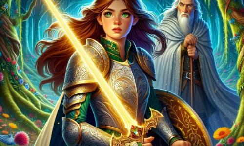Elara, o tânără curajoasă de aproximativ 20 de ani, stă mândră în centrul imaginii. Ea poartă o armură strălucitoare, decorată cu motive florale, și mânuiește o sabie luminoasă care strălucește cu o nuanță aurie. Fața ei exprimă determinare și bravură, cu ochi verzi strălucitori și păr brun fluturând în vânt. Lângă ea, Aeron, un bătrân înțelept de aproximativ 70 de ani, îmbrăcat în robe argintii, observă scena cu un zâmbet binevoitor și misterios. El stă ușor retras, ținând un toiag gravat cu rune vechi, pregătit să o ghideze pe Elara în căutarea ei. Decorul este o pădure fermecată, cu copaci majestuoși și frunze verzi strălucitoare. Razele de lună filtrează prin frunziș, iluminând solul acoperit de flori colorate și mușchi moale. La distanță, o fortăreață întunecată se profilează, înconjurată de umbre amenințătoare. Situația principală o arată pe Elara pregătindu-se să înfrunte un grup de creaturi fantastice care ies din umbre, în timp ce Aeron o încurajează cu înțelepciune. Atmosfera este plină de tensiune, amestecând curajul cu misterul, în timp ce lumina sabiei Elarei luminează calea spre necunoscut.