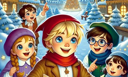 Im Vordergrund stehen vier Kinder zusammen, alle lächelnd und aufgeregt. Felix, ein achtjähriger Junge mit blonden Haaren und strahlend blauen Augen, hält ein altes Papier in seinen Händen. Rechts von ihm schaut Lisa, ein siebenjähriges Mädchen mit geflochtenen braunen Haaren und einer roten Mütze, neugierig auf das Papier. Links zeigt Tim, ein neunjähriger Junge mit Brille und braunen Haaren, auf den sternenübersäten Himmel, während Max, ein achtjähriger Junge mit schwarzen Haaren und einem breiten Lächeln, sich an seinem blauen Schal festhält. Im Hintergrund ist die Landschaft märchenhaft: ein verschneites Dorf mit schneebedeckten Dächern, funkelnden Lichtern in den Fenstern und einem großen, beleuchteten Weihnachtsbaum im Zentrum des Platzes. Der Himmel ist tiefblau, übersät mit leuchtenden Sternen und einem strahlenden Mond. Die Hauptsituation zeigt die Kinder, die sich auf ihr Abenteuer vorbereiten, entschlossen, die wertvolle Botschaft an den Weihnachtsmann zu überbringen, während sanfte Schneeflocken um sie herum fallen und der Szene einen magischen Weihnachtszauber verleihen.