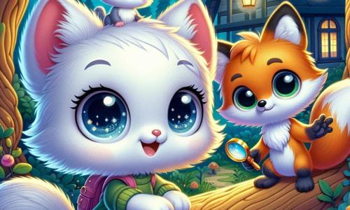 Luma, eine süße kleine Wolkenkatze mit flauschigem weißen Fell und großen, leuchtenden Augen, ist voller Neugier und Aufregung. Sie steht im Mittelpunkt der Szene, mit aufgerichteten Ohren und einem breiten Lächeln, bereit, das Geheimnis um sie herum zu entdecken. Neben ihr untersucht Felix, ein schlauer Fuchs mit leuchtend orangefarbenem Fell und einem buschigen Schwanz, eine Karte, die er in seinen Pfoten hält, leicht nach vorne gebeugt, als suche er nach Hinweisen. Momo, eine kleine graue Maus mit funkelnden Augen, sitzt auf Lumas Schulter und schaut umher, voller Staunen und Begeisterung. Sie hält eine Lupe in ihren kleinen Pfoten, bereit, ihren Freunden bei der Untersuchung zu helfen. Die Szenerie ist ein verzauberter Wald, durchflutet von sanftem Dämmerlicht, mit knorrigen Bäumen und bunten Blättern, die im Wind tanzen. Leuchtende Blumen und bunte Pilze bedecken den Boden, während im Hintergrund ein altes Schulgebäude geheimnisvoll und leicht schattig steht. Die Hauptsituation zeigt Luma und ihre Freunde, die eifrig nach Hinweisen suchen, um das Geheimnis des geheimnisvollen Lachens zu lösen, das sie gehört haben. Sie sind alle aufmerksam und erkunden neugierig die Umgebung, bereit, das Geheimnis im Wald zu entdecken.