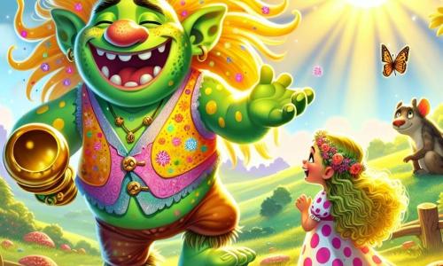 In een groen veld, verlicht door het gouden zonlicht, staat een blije troll genaamd Grollek in het midden, met een grote glimlach en dansende oren. Zijn huid is helder groen met gele vlekken en hij draagt een kleurrijk vest met bloemen. Grollek lacht hartelijk terwijl hij een prachtige gouden bel in zijn hand houdt, klaar om zijn vreugde met de wereld te delen. Naast hem staat een meisje van ongeveer 8 jaar, met krullend, goudkleurig haar, genaamd Lila. Ze draagt een roze jurk met witte stippen en kijkt Grollek bewonderend aan, lachend om zijn grappen. Iets verderop zit een kleurrijke draak, Flambo, ter grootte van een kleine hond, op het gras met zijn vleugels gevouwen en een brede glimlach, klaar om zijn eigen grap te vertellen. De omgeving is een uitgestrekt veld vol kleurrijke bloemen, met fladderende vlinders en knoestige bomen op de achtergrond, hun bladeren glinsterend in de zon. De hoofdscène toont Grollek, Lila en Flambo samen, lachend, omringd door andere grappige wezens die klaar zijn voor een grappenwedstrijd, wat een sfeer van vreugde en kameraadschap creëert.