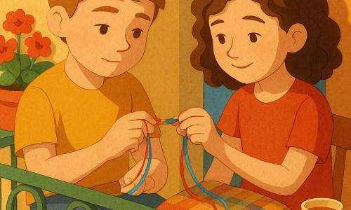 Un ragazzo di circa 10 anni, volto rotondo, capelli castano chiaro a ciocche, espressione dolce e concentrata, e una ragazza di circa 9 anni, capelli castani e ricci, sorriso timido ma radioso, seduti su un piccolo balcone mentre intrecciano un braccialetto dell'amicizia con fili colorati: lui tiene i fili e lei l'altra estremità, entrambi guardano il braccialetto con affetto; balcone accogliente con ringhiera di ferro verde, gerani rossi in vaso, una coperta a quadri sulle ginocchia e una piccola tazza di succo su un tavolo di legno; luce calda di fine pomeriggio, ombre lunghe, palette dorata e toni caldi con tocchi di verde e azzurro; composizione in primo piano con leggera prospettiva dall'alto, texture di carta strappata visibili e sovrapposizioni di carta ritagliata per capelli, vestiti e piante; atmosfera intima e gioiosa, gesti calmi, braccialetto multicolore con nodi ben visibili.