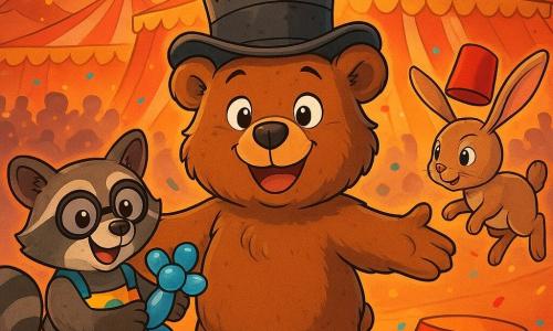 Un orsetto di peluche di nome Orso Birba, con un grande cappello a cilindro usurato e un sorriso gioioso, si trova al centro della scena, con le braccia aperte in una posa accogliente. I suoi occhi brillano di eccitazione e il suo pelo marrone è morbido e soffice, riflettendo la luce dei riflettori. Alla sua destra, una lepre agile, con lunghe orecchie e un fez rosso in testa, salta con aria determinata, pronta a eseguire un salto acrobatico. A sinistra, un procione di nome Pippo, con occhiali rotondi e un grembiule colorato, modella un pallone a forma di orso, sorridendo con orgoglio. Lo sfondo è un circo vibrante, con tende a strisce rosse e bianche, luci scintillanti e spettatori meravigliati che applaudono e ridono. La scena principale mostra Orso Birba, circondato dai suoi amici, mentre prepara uno spettacolo magico con palloni colorati e risate, mentre coriandoli fluttuano nell'aria, creando un'atmosfera festosa e gioiosa.