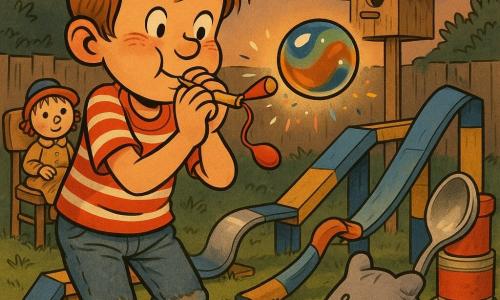 Un bambino di 8 anni, capelli castano chiaro spettinati, maglietta a righe rosse e bianche, jeans corti un po' sporchi, espressione gioiosa e concentrata mentre soffia in una cannucce-razzo per lanciare una grande biglia lucente, guance rosate e occhi vivaci; un 