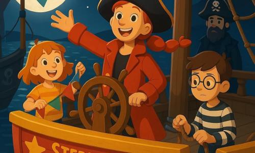 Die Protagonistin ist Käpt’n Frida, eine stolze, fröhliche Frau mit lächelndem Gesicht, glänzenden Augen, rotem Mantel und langer roter Zöpfen im Wind, sie steht an der Bugspitze eines bunten Piratenschiffs namens Sternenkrake, eine Hand am Steuerrad, die andere zum Gruß erhoben; Mia, etwa 10 Jahre, lebhaft mit sonnenfleckigem Haar und Sommersprossen, hält bunte Wimpel am hinteren linken Deck; Timo, etwa 12 Jahre, ernst mit kastanienbraunen Haaren und runden Brillen, überprüft ein Tau am Mast rechts von Frida; Käpt’n Knurrbart, circa 45, bärtig mit großer Hakennhand, steht überrascht aber gelassen auf dem schwarzen Nachbarschiff; das Deck zeigt lackierte Holzplanken, Stern- und Tintenfischmotive, geknotete Taue und eine sichtbare Luke unter dem Steuerrad; nächtliche, silberne Mondbeleuchtung spiegelt sich wie flüssiges Metall auf dem Wasser, warme Lichttöne und weiche Schatten, Stimmung: wiedergefundene Freundschaft nach dem Abenteuer.