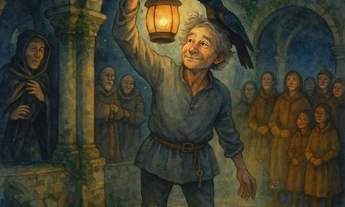 Al centro Ardelio, volto rugoso ma dolce, sorride leggermente e tende le mani per appendere una lanterna rotonda di metallo consumato; indossa una semplice veste grigia, cintura di cuoio e una piccola chiave alla cinta. Una cornacchia nera è sulla sua spalla destra, testa inclinata osservatrice. Un uomo incappucciato di circa quaranta anni si ritrae nell'ombra vicino a un'arcata a sinistra, sorpreso e contrariato; più lontano due monaci anziani dai vestiti rattoppati stanno con le mani incrociate, volti tra timore e meraviglia. Alcuni paesani in mantelli marroni formano un piccolo cerchio attorno al bordo del chiostro e guardano la lanterna. Il chiostro è medievale in pietra grigia con colonne usurate, arcate coperte di edera scura e pavimento in lastre irregolari che riflettono la luce. La lanterna emette un bagliore dorato caldo, creando riflessi sui volti e ombre morbide; la scena è notturna sotto una luna pallida con qualche stella e leggere macchie ad acquerello attorno alla lanterna a suggerire la magia ritrovata.