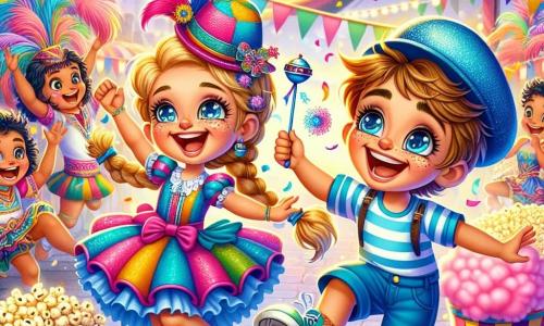 An 8-year-old boy, Max, with sparkling eyes and tousled hair, wears a blue cap and shorts. He jumps for joy, a big smile lighting up his face, with a bell attached to his shoe jingling happily. Next to him is his best friend Lily, a 7-year-old girl with braided blonde hair and a brightly colored dress, waving a sparkling wand while dancing, her face radiating excitement. The scene takes place in a lively square, adorned with colorful banners fluttering in the wind, surrounded by food stalls with mountains of popcorn and pink cotton candy. Groups of dancers in flamboyant costumes twirl around, creating a festive and joyful atmosphere. Max and Lily, in the midst of the celebration, are searching for the mysterious Carnival King, laughing and having fun as colorful confetti falls like snowflakes.