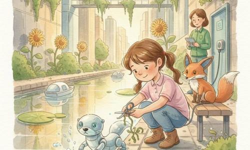 A 6-year-old girl, Mila, round-faced with freckles and brown pigtails, crouches at the edge of a calm urban canal at dusk, gently cutting a strand of algae with safety scissors to free a small silver otter-bot with smooth plated body and glowing round eyes, droplets sparkling like glitter; nearby a copper fox drone with panel-ears and antenna-tail sits on a bench charging from a solar plug, amber eyes lit, while a park ranger in green (30–40) stands by a service door with a tablet, smiling gratefully; the scene shows glass towers, hanging gardens, slender walkways, giant water lilies and solar sunflower-like mechanical flowers, small white boats gliding silently, all bathed in warm golden light with soft, watercolor textures.