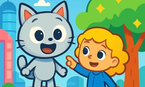 Milo, een kleine robotkat met glanzend zilverachtig haar, staat op een drijvende platform, zijn grote ronde ogen sprankelend van opwinding. Hij glimlacht breed, zijn driehoekige oren vrolijk omhoog. Naast hem staat zijn beste vriendin, Lila, een klein meisje met krullend goudkleurig haar, gekleed in een futuristisch blauwe outfit. Ze kijkt verwonderd en wijst naar een pratende boom met fonkelende bladeren, die zich net achter hen bevindt. De achtergrond is een futuristische stad, met kleurrijke glazen gebouwen die naar de lucht reiken, vliegende auto's die erboven voorbijgaan en zachte wolken die in een azuurblauwe lucht zweven. Milo en Lila zijn aan het beslissen waar ze naartoe willen voor hun avontuur, omringd door heldere lichten en vrolijke geluiden, enthousiast om de wonderen van hun stad te ontdekken.