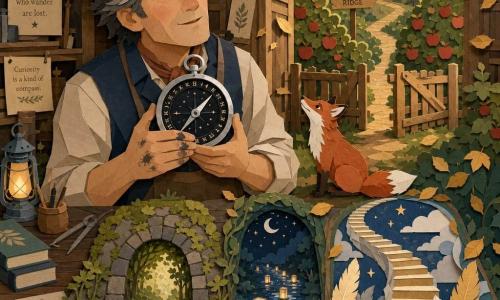 A middle-aged man with ink-stained fingers, a gentle face and salt-and-pepper hair holds an antique silver compass to his chest, awestruck and serene; the compass has a glossy black dial, a thin silver needle and tiny twinkling letters around the rim. A small red fox sits by the orchard gate, nose raised and ears alert. The scene is a wooden workshop opening onto an apple orchard with a back door to Lantern Ridge, golden leaves falling and a sunbeam warming the space. Before the man three magical paths appear: a moss-covered stone arch, a glittering water trail dotted with floating lamps, and a staircase of luminous feathers rising into the sky. Illustrated in paper-cut style with layered papers, crisp shadows, warm colors (gold, apple green, wood brown, night blue) and bold graphic details.