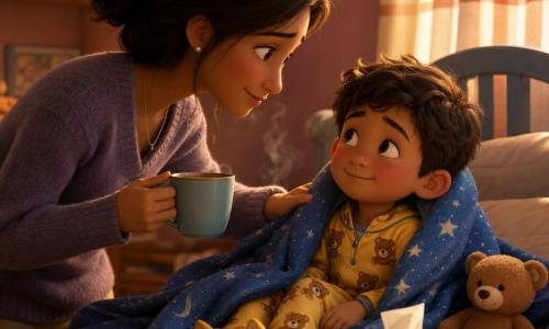 A tender 3D-rendered scene: a smiling 4-year-old boy, slightly flushed with bright eyes and a handkerchief nearby, wrapped in a large blue starry "magic" blanket and fidgeting on his bed in yellow bear pajamas and cat slippers; his gentle ~30-year-old mother with tied-back hair leans from the bed holding a steaming cup of herbal tea and rests a reassuring hand on his blanket, in a warm nursery with pastel walls, soft light through striped curtains, a shelf of plush toys and a small teddy beside him, warm contrasting colors, soft textures and crisp childlike details.