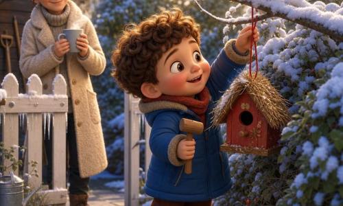 A small, round 4-year-old boy with curly brown hair and rosy cheeks, joyful and focused, holds a mini wooden mallet and hangs a red birdhouse with a red string on the lower part of a snow-dusted bush; nearby a bright robin with reddish-brown feathers and an orange breast perches on a low branch, head tilted curiously; the mother, about 30, chestnut hair in a bun, soft smile and cream wool coat, stands by the garden fence in the background holding a steaming cup of hot chocolate; the intimate snowy garden has a white wooden fence with thin icicles, snow-covered shrubs, a lightly dusted stone path and a wooden shed with visible tools; the scene centers on the child attaching a straw-decorated wooden birdhouse with a small shiny button under soft late-afternoon light with bluish reflections on the snow and a faint sparkle around the birdhouse.