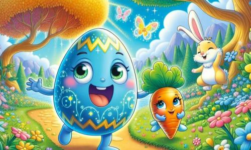 Ugo, un piccolo uovo di Pasqua magico, è al centro dell'immagine, con un guscio colorato di blu e giallo che brilla sotto il sole. Ha occhi scintillanti di gioia e un grande sorriso, saltellando con entusiasmo su un sentiero fiorito. Accanto a lui, Lalla, una carota ballerina con grandi foglie verdi, danza con grazia, i suoi occhi brillano di eccitazione, mentre Bobo, un piccolo coniglio con grandi orecchie bianche, salta gioiosamente, il suo viso irradia curiosità. Lo sfondo è un giardino incantato, pieno di fiori multicolori che danzano al ritmo del vento, con alberi dai tronchi dorati e farfalle dalle ali scintillanti che volano intorno a loro. In lontananza, un grande albero con foglie d'oro si erge maestosamente, mentre un cielo azzurro chiaro è punteggiato di nuvole soffici. La scena principale mostra Ugo, Lalla e Bobo mentre seguono un sentiero fiorito, meravigliati dalla bellezza del loro ambiente, mentre si dirigono verso un albero magico dove si nasconde il tesoro di Pasqua, impazienti di scoprire le sorprese che li attendono.