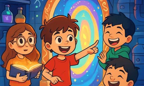 Há 4 crianças: - Lucas: um garoto de 10 anos, com cabelos castanhos bagunçados e olhos curiosos. Ele usa uma camiseta vermelha e um short azul, e está no centro, apontando para um portal mágico. - Sofia: uma menina de 9 anos, com cabelos longos e ondulados, castanho claro, e óculos redondos. Ela está à esquerda de Lucas, segurando um livro flutuante que brilha com uma luz dourada. - Miguel: um garoto de 10 anos, com cabelos negros e olhos travessos, vestindo um moletom verde. Ele está à direita de Lucas, rindo e fazendo gestos engraçados com os braços. - Clara: uma menina de 9 anos, com cabelos curtos e cacheados, loiros, vestindo um vestido roxo. Ela está um pouco atrás, observando os outros com um sorriso encorajador. O cenário é uma grande sala da estação espacial Lumina, cheia de frascos coloridos, máquinas estranhas e luzes brilhantes. Inscrições mágicas brilham nas paredes, e um portal mágico, vibrante de cores, está no centro da sala. A cena mostra as quatro crianças se preparando para atravessar o portal mágico. Lucas, com um olhar determinado, aponta para o portal, enquanto Sofia consulta seu livro flutuante. Miguel, com um sorriso travesso, faz uma piada para descontraí-los, e Clara, cheia de entusiasmo, os encoraja a se aventurar nesse novo mundo.