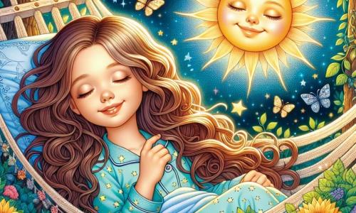 Uma menina de 10 anos, com longos cabelos castanhos ondulados e olhos brilhantes de curiosidade, está deitada em um hammoc suave, cercada por folhas verdes. Ela usa um pijama azul claro com estrelas douradas e exibe um sorriso sereno, com os olhos fechados, respirando profundamente. Ao seu lado, um raio de sol sorridente, na forma de uma luz dourada e quente, flutua no ar, iluminando seu rosto com um brilho suave. O local é um jardim encantado, repleto de flores coloridas que cantam suavemente, com árvores majestosas de folhas brilhantes e um céu estrelado ao fundo. Borboletas com asas cintilantes dançam ao seu redor, adicionando um toque de magia à atmosfera tranquila. A cena principal mostra a menina respirando profundamente, pronta para mergulhar em um sonho mágico, enquanto o raio de sol a incentiva a abrir a porta de seus sonhos com um sorriso reconfortante.