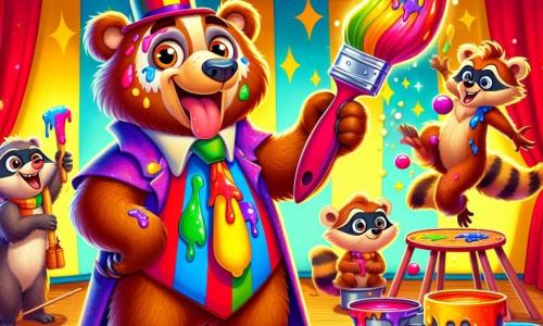 A brown bear named Bartholomew, with a coat splashed with bright paint, stands at the center of a circus scene, his eyes sparkling with excitement and a big smile on his face. He holds a huge colorful brush, ready to paint a magical background. To his right, a mischievous monkey named Pip, with golden fur and playful eyes, joyfully swings on a trapeze bar, laughing and throwing paint bubbles. On the left, a troupe of acrobatic raccoons, wearing black masks and colorful paws, prepares to perform a pirouette, their faces beaming with joy. The setting is a vibrant circus scene, with red and yellow striped tents, twinkling garlands, and a colorful backdrop filled with circus patterns. The main action shows Bartholomew painting a beautiful background while his animal friends surround him, adding splashes of color and creating a joyful, festive atmosphere.