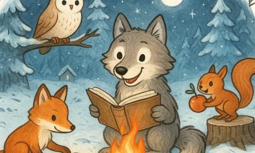 Kleine grijze wolf Luka, glimlachend, pluizige vacht en heldere ogen, staand bij een kampvuur met een oud stoffig boek open tussen zijn poten. Vos Félix, slank en rood, ondeugend maar vriendelijk, gehurkt links van Luka en bladeren schikkend voor een hol, met opgerolde pluimstaart. Uil Ella, rond en wijs, crèmekleurige veren, op een tak achter het vuur met een zachte blik. Eekhoorn Pip, klein en levendig, roodbruine vacht, vrolijk, springt op een boomstam rechts en houdt een glanzende appel als wens. Besneeuwd bos met hoge dennen, zilveren maan, sterrenhemel, houten huisjes in de verte en sporen in de sneeuw. Hoofdscène: vrienden bij een knapperend vuur om middernacht, warme feestelijke sfeer, bescheiden vuurwerk, vriendschap en zachte texturen.