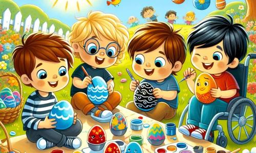 In a sunny garden, four five-year-old boys are painting Easter eggs. Timmy, a boy with brown hair and sparkling eyes, is sitting on the left, focused on his blue egg decorated with waves. To his right, Joey, a boy with blonde hair and round glasses, laughs while painting an egg with a funny face. Sam, a boy with brown hair and a big smile, is in the center, painting a bright yellow egg with sun rays. Max, a boy with black hair and a big heart, is on the right, in his wheelchair, painting a red egg with a big heart. The garden is filled with colorful flowers, Easter decorations, and painted eggs scattered around them. In the background, a tree is decorated with hanging eggs and birds are singing in the branches. The boys are actively engaged, laughing and sharing ideas, creating colorful Easter eggs to celebrate this magical day.