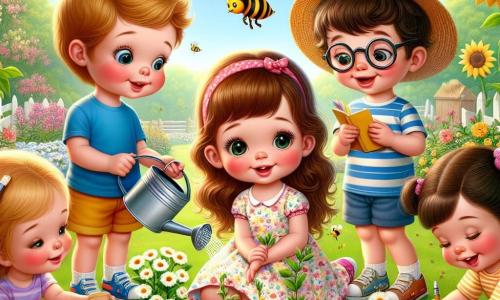 En un jardín soleado, cinco niños están reunidos. Ana, una niña de 5 años con largos cabellos castaños y un vestido colorido con flores, está agachada plantando semillas de flores. A su lado, Luis, un niño de 5 años con cabello rubio y una camiseta azul, riega los brotes con una pequeña regadera. Pedro, un niño de 5 años con cabello castaño y un sombrero de paja, observa una abeja que vuela alrededor de las flores. Carlos, un niño de 5 años con gafas y una camisa a rayas, toma notas en un pequeño cuaderno, mientras que Ana, otra niña de 5 años con trenzas y una falda rosa, ríe sosteniendo una flor en su mano. El jardín está lleno de flores coloridas: margaritas blancas, tulipanes rojos y girasoles amarillos que se mecen suavemente con el viento. Las abejas zumban alegremente alrededor de las flores, y un cielo azul claro se extiende sobre ellos, salpicado de algunas nubes blancas. Los niños están creando un jardín para las abejas, plantando flores para atraerlas y celebrar la llegada de la primavera. Ríen y se ayudan mutuamente, llenos de alegría y emoción, mientras la naturaleza despierta a su alrededor.