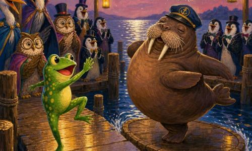 A small lively male frog, emerald-green with pale yellow spots and bright round buttonlike eyes, smiles in wonder and holds a striped feather as he lightly hops on the toes of a wooden dock; a stout walrus captain with thick white whiskers and a worn captain's hat twirls in an amused tiny pirouette on a wooden raft beside the dock as the striped feather drifts onto his hat and the raft slides back a step, while costumed birds and polite penguins applaud in blurred rows on the moonlit old dock with water-worn planks, hanging lanterns casting warm yellow light and silver reflections on the calm water beneath a pale pink night sky.