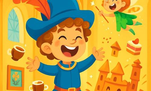Il principe Milo, un ragazzo sorridente di circa 10 anni, indossa un grande cappello blu decorato con una piuma rossa che fluttua gioiosamente nel vento. Ha capelli ricci e occhi brillanti di malizia, e sta ridendo a crepapelle, con le braccia aperte, in mezzo a un castello che sembra saltare come una rana. Accanto a lui, la fata Pimpilla, una piccola creatura con ali a pois, capelli a spirale e un viso gioioso, vola in cerchi attorno a lui, ridendo a squarciagola. Tiene una bacchetta scintillante che lascia dietro di sé una scia di glitter. Lo scenario è un grande salone del castello, con soffitti alti decorati con dorature, pareti tappezzate di quadri colorati e finestre che lasciano entrare raggi di sole brillanti. Tazze di cioccolata calda e torte volanti fluttuano intorno a loro, aggiungendo un tocco di magia all'atmosfera. La scena principale mostra il principe Milo e la fata Pimpilla che ridono insieme mentre l'intero castello sembra saltare di gioia, creando un'immagine piena di vita, colori vivaci ed energia incantata.