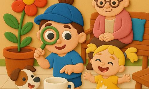 Bambino di 4 anni, viso tondo, capelli castani raccolti, berretto blu, occhi grandi e brillanti, sorriso fiero, tiene una lente di plastica davanti all'occhio e indica una tazza vicino a un grande vaso con un fiore rosso; la sorellina Nina di circa 2 anni, capelli biondi a codini, vestito giallo macchiato di latte, ride e salta con le mani ancora bianche di latte; una nonna anziana con capelli grigi raccolti in chignon, occhiali tondi e cardigan rosa è seduta su una panca da giardino dietro i bambini e li guarda con tenerezza; c'è un cagnolino marrone e bianco di nome Palle con una goccia di latte sul muso che sta seduto ai piedi del bambino scodinzolando; terrazza-cucina soleggiata con tavolo di legno e tazza in porcellana, vaso di terracotta con grande fiore rosso e qualche gioco sparso; scena principale: gioiosa scoperta della tazza ritrovata vicino al vaso, espressioni felici e gesti di festa, composizione centrata su lente, tazza e fiore.
