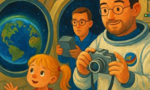 Un astronauta sorridente e concentrato, volto rotondo con barba corta e capelli castani, in tuta spaziale bianca con una piccola toppa colorata, tiene una fotocamera argentata con tracolla e regola l'obiettivo vicino a un grande oblò; a sinistra una bambina di 6 anni, Luna, con capelli biondi a codini, giocosa e meravigliata, guarda fuori con le mani sul vetro; dietro l'astronauta un ingegnere uomo di circa 35 anni, capelli corti e occhiali, serio e collaborativo, porge una batteria grigia nuova; interno: stazione spaziale con pareti metalliche color crema, cavi colorati, pannelli con luci verdi e rosse e un tavolo fluttuante con attrezzi magnetici; fuori la Terra rotonda e blu con continenti verdi, nubi bianche e un'aurora verde sull'orizzonte; scena di fotografie della Terra, luce soffusa e atmosfera calma; palette vivace e contrastata, texture di pittura spessa, pennellate visibili, stile acrilico caldo e infantile.