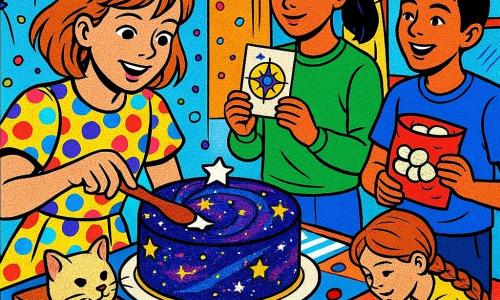 Ragazza di 12 anni, capelli castano chiaro medi con ciocca ribelle, viso sorridente, occhi grandi, veste colorata a pois, tiene una spatola di cioccolato e posa una cometa di zucchero su una grande torta decorata come una galassia; Noura, circa 12 anni, pelle olivastra, capelli scuri in coda, maglione verde, tiene una carta illustrata con una 