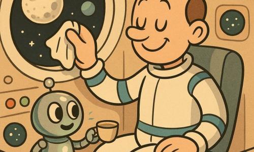 Un uomo alto, sorridente e sereno, capelli corti castani, in tuta spaziale bianca con bande blu, seduto nel sedile del cockpit mentre pulisce un piccolo oblò con un panno; a destra, vicino al cruscotto, un piccolo robot rotondo e metallico chiamato Mini emette una luce verde e porge una piccola tazza; il cockpit rotondo e luminoso con pannelli di pulsanti colorati e schermi circolari mostra stelle e dispone di un ampio oblò con vista sulla Luna e su un pianeta azzurro lontano, atmosfera calma e domestica in volo spaziale, gesti morbidi, atmosfera accogliente, luci calde, superfici lisce e palette pastello.