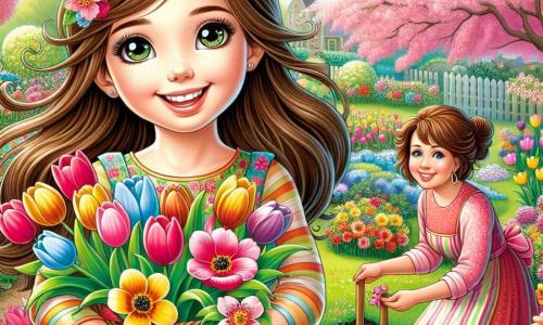 Ein 12-jähriges Mädchen, Mia, mit langen braunen Haaren und funkelnden Augen steht mitten in einem blühenden Garten. Sie trägt ein buntes Kleid mit Blumenmustern und lächelt breit, während sie einen Korb mit leuchtenden Tulpen hält, die sie gerade gepflückt hat. Neben ihr ist ihre Mutter, eine Frau in ihren Dreißigern mit braunen, zu einem Dutt gebundenen Haaren, die gerade Samen in die Erde pflanzt und stolz zu ihrer Tochter lächelt. Der Garten ist ein wahres Frühlingsbild, gefüllt mit bunten Blumen, schwirrenden Schmetterlingen und einem großen blühenden Kirschbaum, dessen rosa Blütenblätter sanft wie Schnee herabfallen. Mia und ihre Mutter bereiten den Garten für den Frühling vor, umgeben von der Schönheit der Natur, bereit, neue Blumen zu pflanzen und die Saison zu feiern.