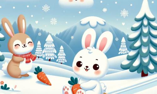 Un pequeño conejo blanco llamado Nieve, con grandes orejas y ojos brillantes de alegría, se desliza en un trineo rojo brillante por una colina nevada, riendo de felicidad. A su lado, su mamá, una bonita coneja de pelaje suave y marrón, sonríe con ternura mientras sostiene una zanahoria en su pata, observando a su pequeño con orgullo. El paisaje es un hermoso cuadro invernal, con árboles cubiertos de nieve brillante, un cielo azul claro salpicado de nubes blancas esponjosas y copos de nieve cayendo suavemente a su alrededor. La escena muestra a Nieve divirtiéndose deslizándose sobre la nieve, dejando huellas en el manto blanco, mientras su mamá se prepara para unirse a él y jugar juntos.