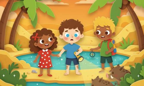 A 6-year-old round-faced boy with short brown hair, big bright blue eyes and sand on his knees holds a small yellow flashlight and looks toward an oasis; to his left a curly brown-haired 6-year-old girl in a red polka-dot dress holds his hand and watches rustling bushes; to his right a protective 7-year-old blond boy in a green T-shirt with a compass and colorful backpack stands; they’re at the edge of a hidden desert oasis with shimmering turquoise water, vivid palm trees, golden rocks and sand, and an orange sunset sky as two round, gentle wild boars emerge from the bushes—the scene is adventurous yet comforting, rendered in visible cut-paper textures with sharp edges, layered paper and a warm, contrasting palette.