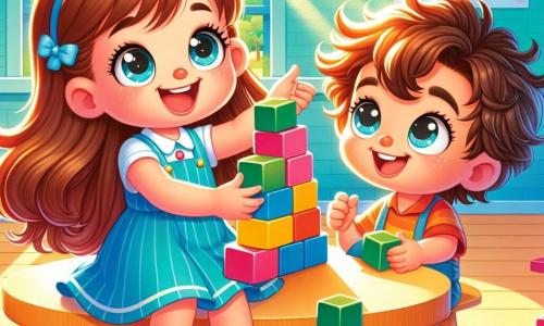 A 4-year-old girl with long, shiny brown hair and big curious eyes smiles joyfully while playing with colorful blocks. She wears a pretty blue dress and red shoes, and her face shows pride and excitement. Next to her is a 4-year-old boy named Noah, with curly hair and a sweet smile, encouraging her while holding a green block. They are both at a round wooden table in a bright classroom filled with colorful drawings on the walls and large windows letting in sunlight. The main scene shows Olivia and Noah building a block tower together, laughing and having fun in a joyful and friendly atmosphere.