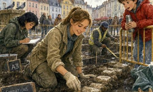 Kobieta archeolog z uśmiechem, włosy jasnobrązowe w kucyku, w khaki i rękawicach, klęczy przy dużym kwadracie wykopalisk i szczoteczką oczyszcza rząd starych kamieni; za żółtą barierką stoi około 10-letni chłopiec z rozczochranymi ciemnymi włosami i czerwonym płaszczem, trzyma termos i patrzy z zachwytem; po lewej młoda asystentka (ok. 22 lata) notuje w zeszycie przy kwadracie A3, w tle mężczyzna z miarką i kapturem rysuje linie; wykop znajduje się na brukowanym rynku z pastelowymi kamienicami, na powierzchni odsłania się rzędowa podwalina średniowiecznego hallu wychodząca z wilgotnej ziemi, obok narzędzia i brezent, miękkie popołudniowe światło; styl akwarelowy — rozmyte kolory, ziarnista faktura, precyzyjne rysy twarzy i kamieni, ciepła, ciekawa atmosfera.