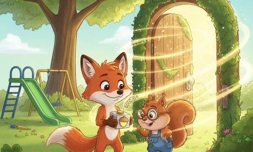 Finn, a young red fox with bright fur and mischievous eyes smiles while holding a small silver box with an antenna and a shiny acorn‑shaped button; Squeaky, a small round mechanical squirrel with oval glasses and tools in a pocket, leans proudly and intently beside him. An ancient moss‑covered wooden door framed by glossy grass and flowers opens, releasing soft golden light that curls outward. The setting is an old schoolyard in spring with metal swings, a smooth slide, clover‑speckled grass with dew, and a tree with translucent leaves; the magical moment when the time door opens envelops Finn and Squeaky in warm, saturated colors and soft edges in a child‑friendly reassuring style.