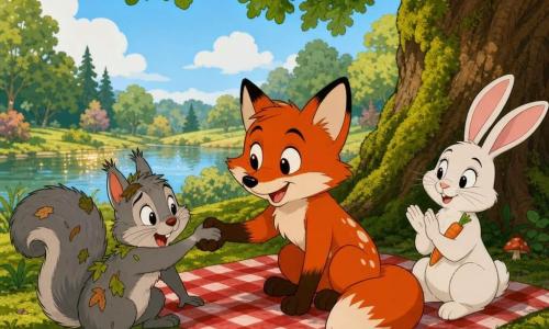 A small cute red fox with round mischievous eyes, soft fur and white markings sits on a plaid blanket, smiling and reaching a paw to help a gray squirrel with a bushy tail and leaves stuck in its fur who is rising to the fox's left with a relieved expression, while a white rabbit with long tilted ears and a calm smile sits to the fox's right gently clapping and holding a small carrot; they are in a sunny park corner by a large shady oak with moss, small red mushrooms and a gleaming pond under a soft blue sky, sharing a warm, safe moment after a fall in a 90s cartoon style with rounded lines, vivid pastel colors and soft contrasts.