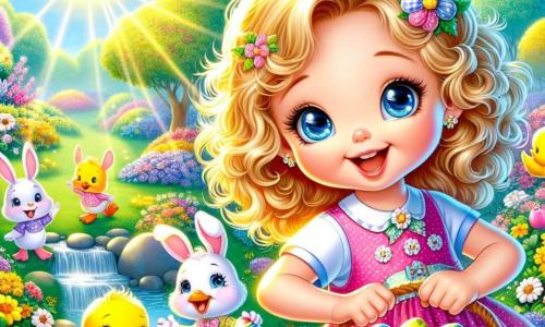 A 6-year-old girl named Lily, with sparkling blue eyes and curly blonde hair, joyfully smiles while holding a basket filled with colorful Easter eggs. She wears a pink dress with white polka dots and yellow sandals, surrounded by her friends in a sunny garden. Benny, an adorable little bunny with big ears and white fur, hops excitedly next to her, holding a shiny egg in his paws. Daisy, a playful duck with bright yellow feathers, swims happily near a small stream, while Charlie, a cute and curious chick, explores the colorful flowers, searching for hidden eggs. The enchanting garden is filled with vibrant flowers, majestic trees, and a large rainbow tree at the center, where sunlight filters through the leaves, creating a magical and joyful atmosphere. The main scene shows Lily and her friends engaged in an Easter egg hunt, laughing and having fun, searching for eggs hidden behind flowers and under leaves, with radiant smiles lighting up their faces.