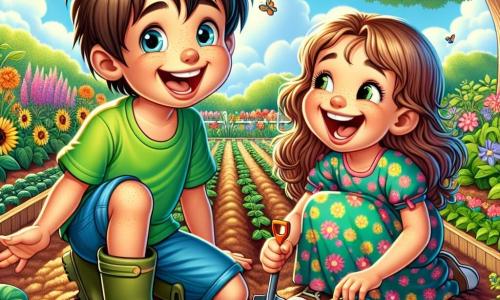Un niño de 8 años, Juanito, con cabello castaño desordenado y ojos brillantes de curiosidad, está agachado en un jardín soleado, con una gran sonrisa en su rostro. Lleva una camiseta verde brillante y un pantalón corto azul, con botas de jardinería algo embarradas. A su lado, su nueva amiga Lucía, una niña de 7 años con cabello largo y ondulado, vestida con un vestido de flores coloridas, sostiene una pequeña pala y ríe alegremente al mirar a Juanito. El jardín está lleno de plantas verdes, flores brillantes y hileras de verduras bien alineadas bajo un cielo azul claro con algunas nubes blancas. Al fondo, un gran árbol ofrece sombra, y los insectos zumban alrededor de las flores. La escena principal muestra a Juanito y Lucía plantando semillas de calabaza en la tierra suelta, rodeados de risas y un ambiente alegre, listos para cultivar su propio jardín de verano.