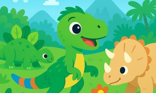 Wesoły welociraptor z błyskiem ciekawości w swoich jasnych oczach, małym, zwinny ciałem pokrytym zielonymi piórami i długim kolorowym ogonem, stoi w centrum sceny, rozglądając się dookoła z szerokim uśmiechem. Po jego prawej stronie przyjazny triceratops z trzema rogami na czole i beżową skórą pochyla się, by powąchać kolorowy kwiat. Po lewej stronie stegozaur z grzbietowymi płytkami w kształcie liści, z zieloną skórą i błyszczącymi oczami, obserwuje chmury w kształcie dinozaurów na niebie. W tle bujny krajobraz dużych paproci i prehistorycznych drzew, z łagodnymi górami i jasnoniebieskim niebem usłanym puszystymi chmurami. Główna scena pokazuje welociraptora i jego przyjaciół, wszystkich podekscytowanych, gotowych do odkrywania swojego wspaniałego świata, otoczonych pięknem natury.
